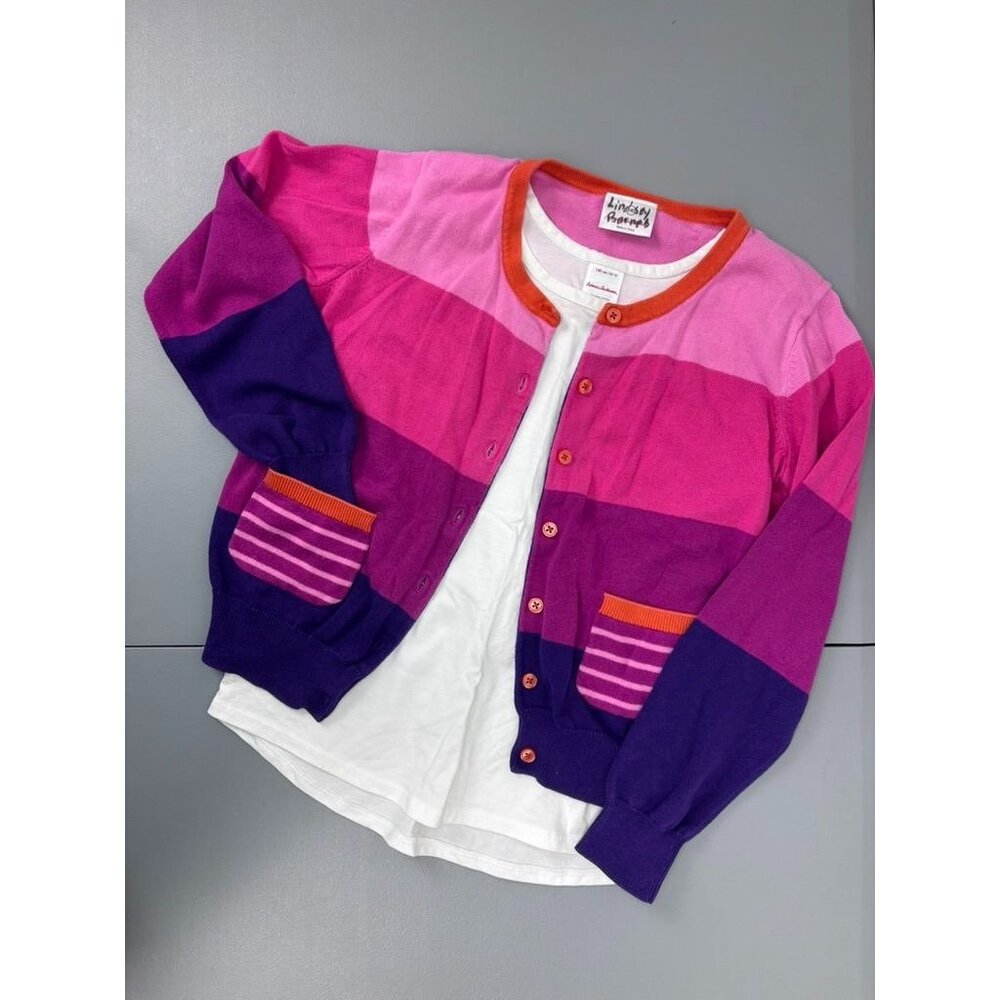 Hanna Andersson girls 140cm 10 pink striped knit‎ cardigan pima white tank top